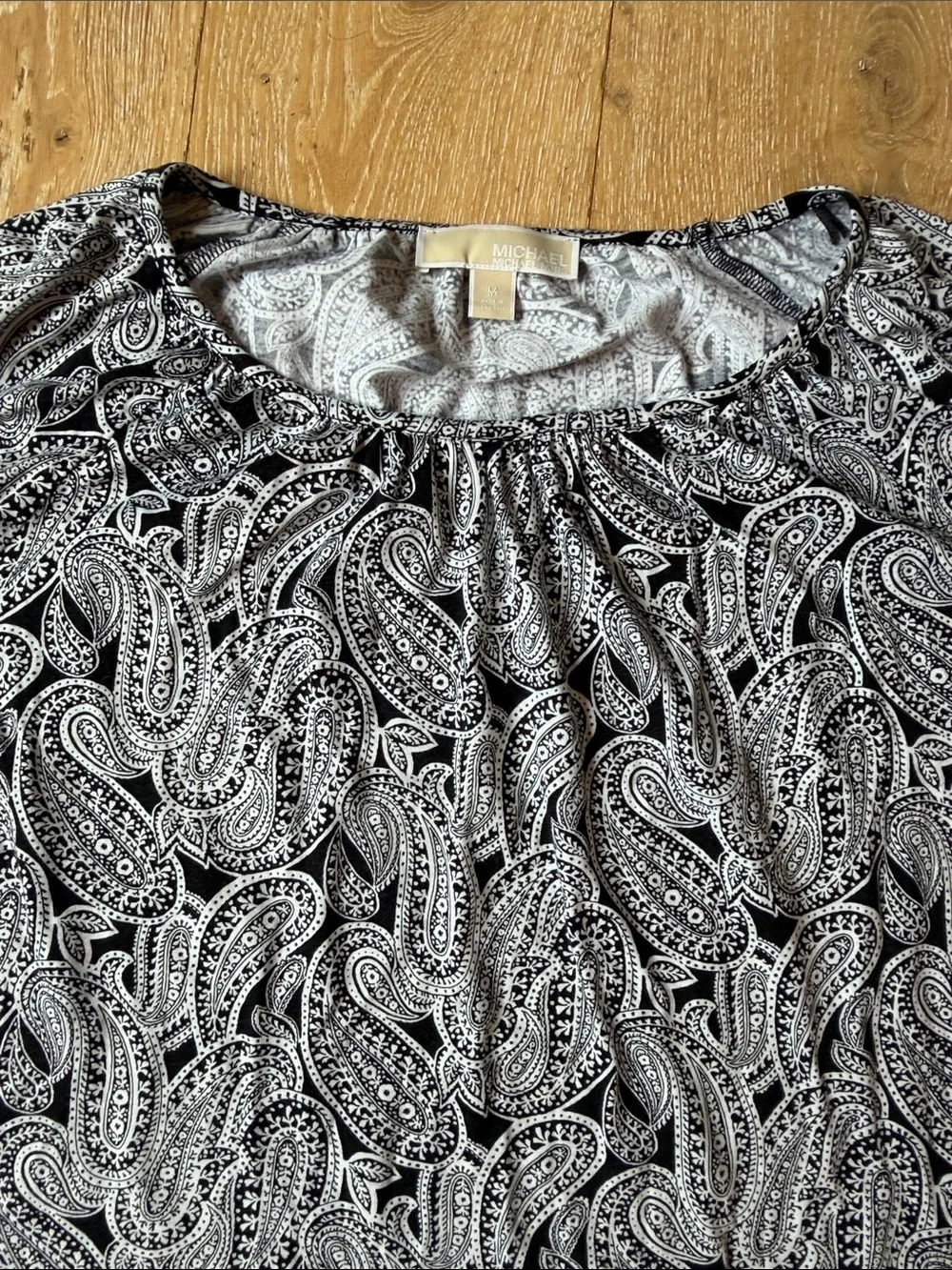 Michael Kors Black and White Paisley Bell-Sleeve Blouse - Size Medium